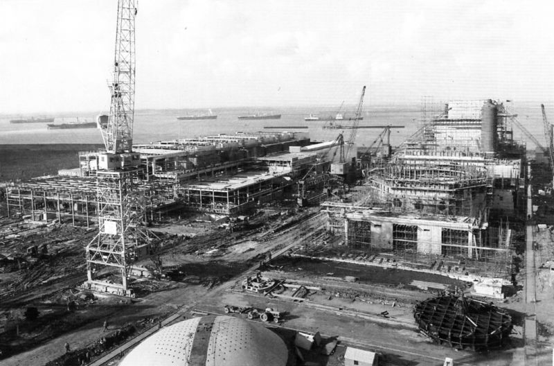 Bradwell Power Station under construction. Vessel to the left of the crane is thought to be PUNTARENAS. Date: c1958.